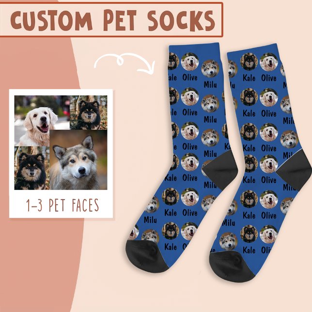 3 Dogs 3 Names Personalized Dog Photo on Blue Socks (Creator Uploaded)