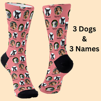 3 Dogs & Names Personalized Pet Photos on Pink Socks