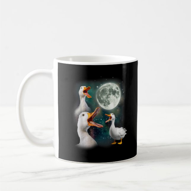 3 Ducks Howl At Moon Funny Weird Cursed Pekin Duck Coffee Mug (Left)