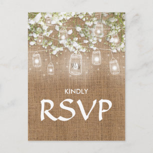 3 Entree Choice RSVP Baby's Breath Rustic Burlap Invitation Postcard