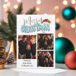 3 Family Photo Collage Retro Font Merry Christmas Holiday Card<br><div class="desc">This festive Merry Christmas design was created using a fun modern script font and my hand lettered block font in a retro 80's style in soft blue and red topped off with my hand painted Santa hat with holly and berries to make your family photo shine as the star. Add...</div>