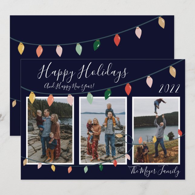 3 Family Photos Dark Blue Happy Holidays Lights Holiday Card (Front/Back)