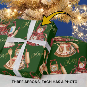 3 Family Photos on Charming Aprons Wrapping Paper