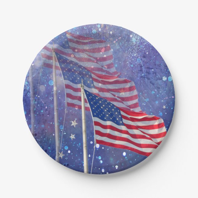 3 Flags Paper Plate with Starry, Misty Background (Front)