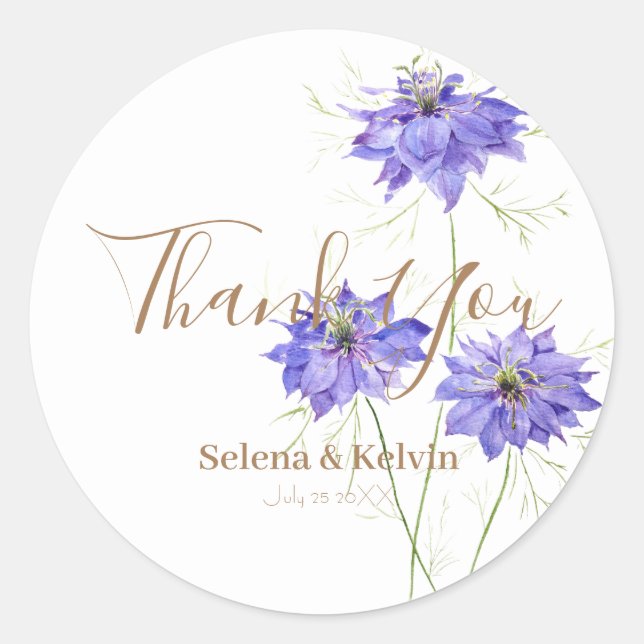 3 fleurs de nigella violet bleu rond autocollant (Devant)