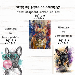 3 Frenchie Bulldog Trio Wrapping Paper Decoupage 