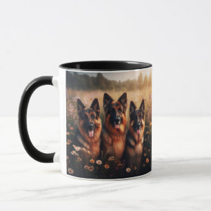 3 German Shepherds in a field of wildflowers Mug