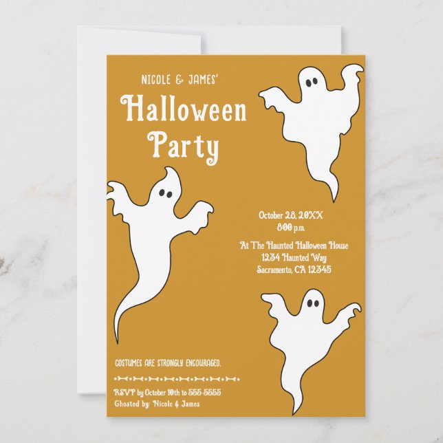 3 Ghosts Orange White Whimsical Halloween Party Invitation (Front)