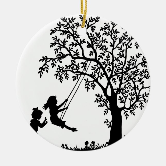 3 Girls, Swinging on Tree Swing & Picking Flowers Ceramic Ornament (Front)