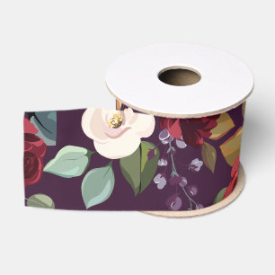 3" Grosgrain Ribbon Plum Purple Roses Gold Geometr