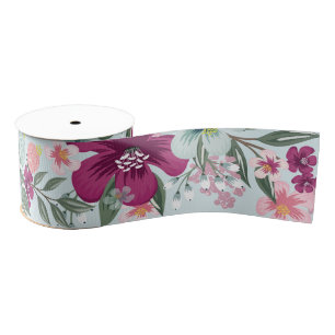 3" Grosgrain Ribbon Tropical Flowers on Blue Ombre