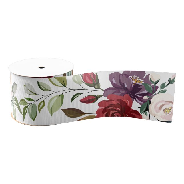 3" Grosgrain Ribbon White Roses Gold Geometric (Spool)