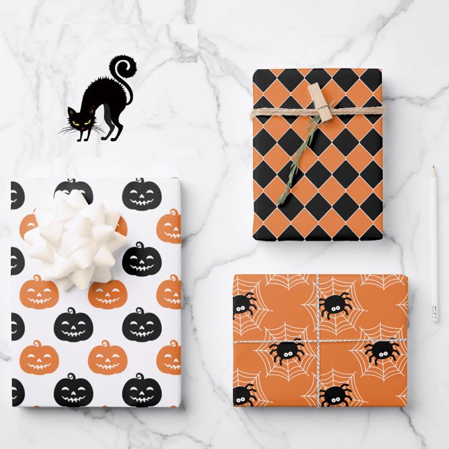 3 Halloween Coordinates Orange Pumpkins & Spiders Wrapping Paper Sheet (Creator Uploaded)