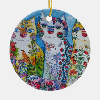 3 happy cats ceramic ornament