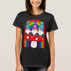3 Hippie Gnomes on Mushroom Under Rainbow Whimsica T-Shirt