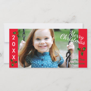 3 Holly Red Merry Christmas - Christmas Photo Card