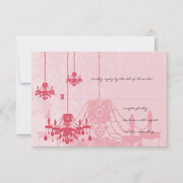 3 Honeysuckle Chandeliers Damask Wedding RSVP (Front)