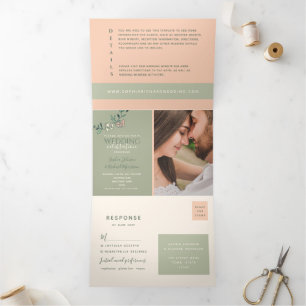 3 in 1 Peach and Sage Green Photo Wedding Tri-Fold Invitation