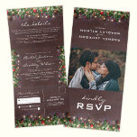3 in 1 Rustic Christmas Winter Wedding Tri-Fold Invitation<br><div class="desc">Rustic 3 in 1 winter wedding tri-fold invitation featuring a dark wooden background,  festive christmas tree branches,  red & gold tree decorations,  string twinkle lights,  your wedding details,  a wedding invite,  and a rsvp postcard for your guests to cut off and send back.</div>