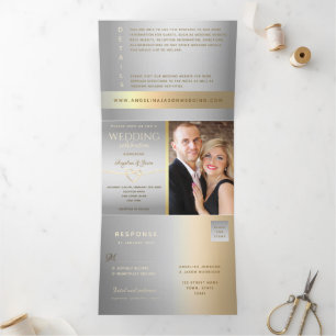 3 in 1 Silver and Gold Photo Wedding Tri-Fold Invitation