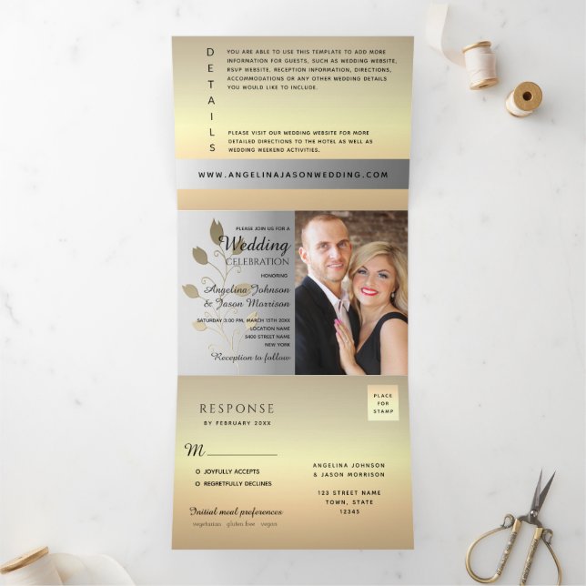 3 in 1 Silver And Gold Photo Wedding Tri-Fold Invitation (Inside)