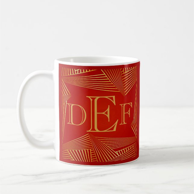 3 Initial Monogram Letter Gold Lines on Red Coffee Mug (Left)