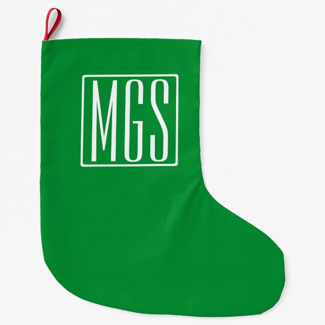3 Initials Monogram | Green & White Large Christmas Stocking (Front)