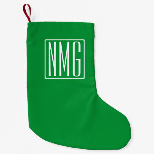 3 Initials Monogram Green & White Small Christmas Stocking