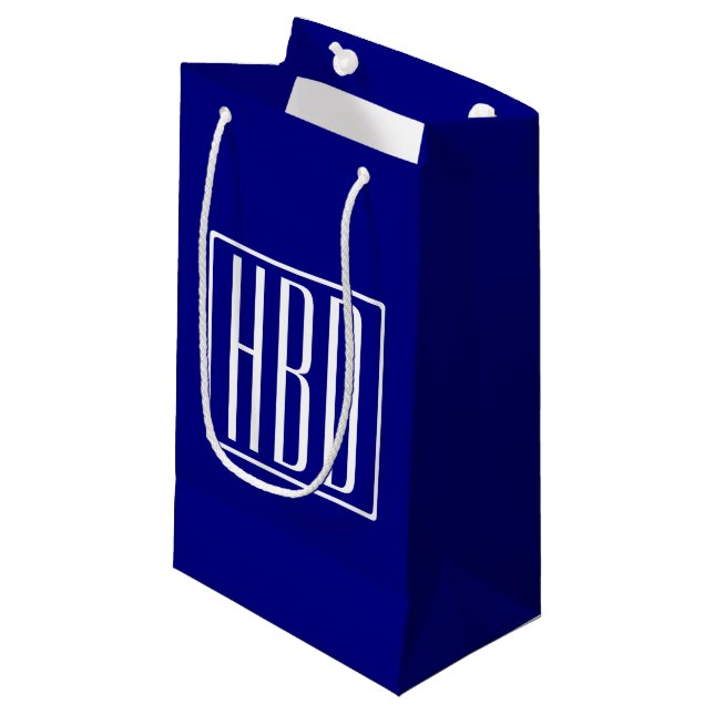 3 Initials Monogram | Navy Blue & White Small Gift Bag (Front Angled)