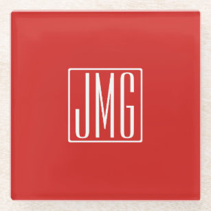 3 Initials Monogram   Red & White (or diy colour) Glass Coaster