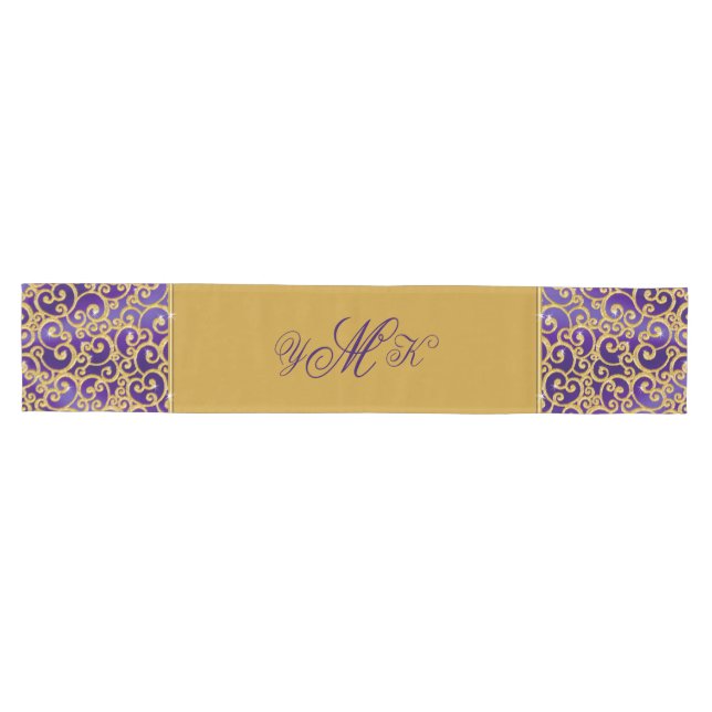 3 Initials Monogram Table Runner, Purple and Gold Medium Table Runner (Horizontal)