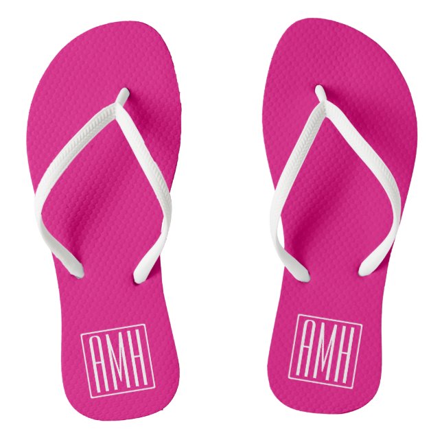 3 Initials Monogram | White On Hot Pink Flip Flops (Footbed)