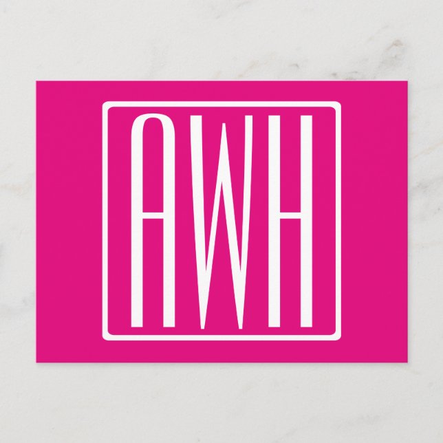 3 Initials Monogram | White On Hot Pink Postcard (Front)