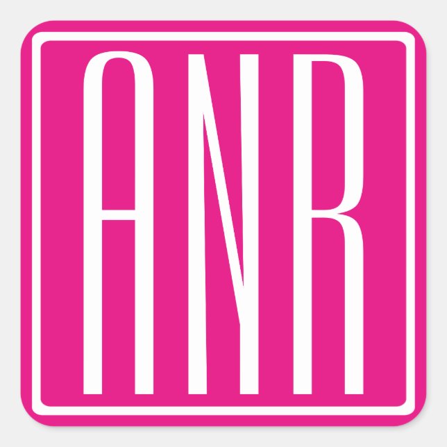 3 Initials Monogram | White On Hot Pink Square Sticker (Front)