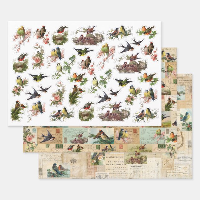 3 Jolies feuilles d'Ephémère Collage d'oiseaux (Lot)