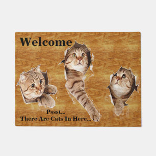 3 Kitty Cat Feline Kittens Tearing Through Welcome Doormat