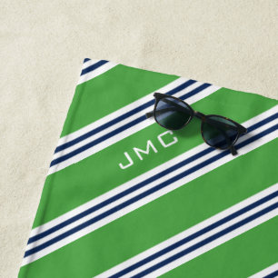 3-Letter Monogram Green and Blue Stripes Beach Towel