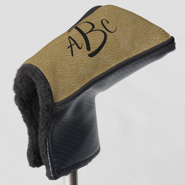 3 Letter Monogram Initial Beige Brown Leather Look Golf Head Cover (3/4 Front)