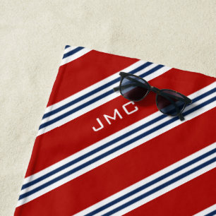 3-Letter Monogram Red and Blue Stripes Beach Towel