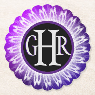 3 Letter Monogrammed Metallic Purple White Lace Paper Coaster
