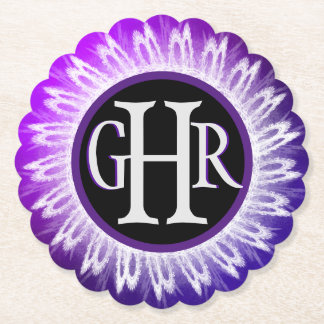 3 Letter Monogrammed Metallic Purple White Lace Paper Coaster