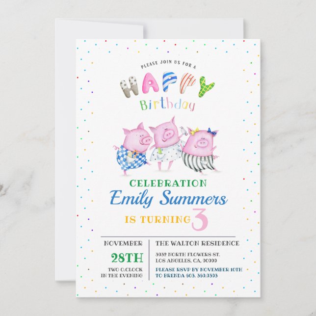 3 little baby pigs Happy Birthday cute typography Holiday Card (Front)