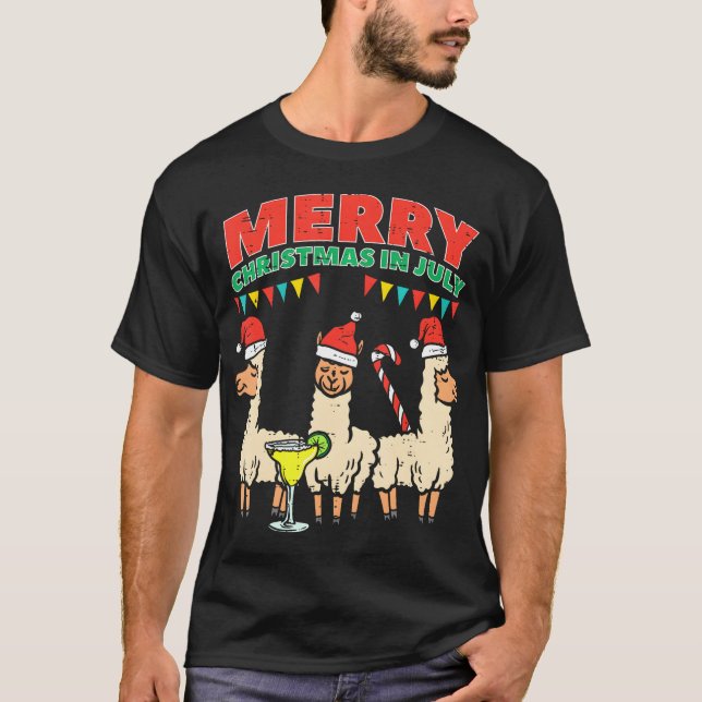 3 Llamas Merry Christmas In July Funny Summer T-Shirt (Front)