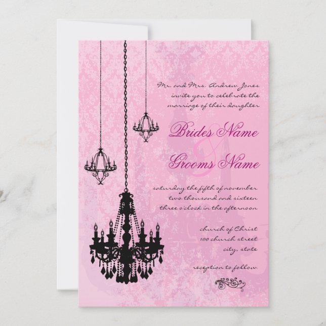 3 Lustres noirs Mariage damassé rose Invitation (Devant)