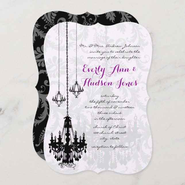 3 lustres noirs ombre Mariage damassé Invitations (Devant / Derrière)