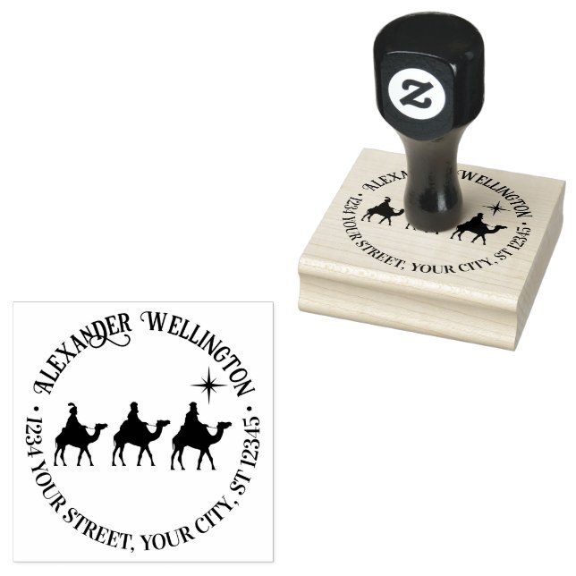  3 Magi Wisemen Kings, Star Round Name Address Rubber Stamp (Stamped)