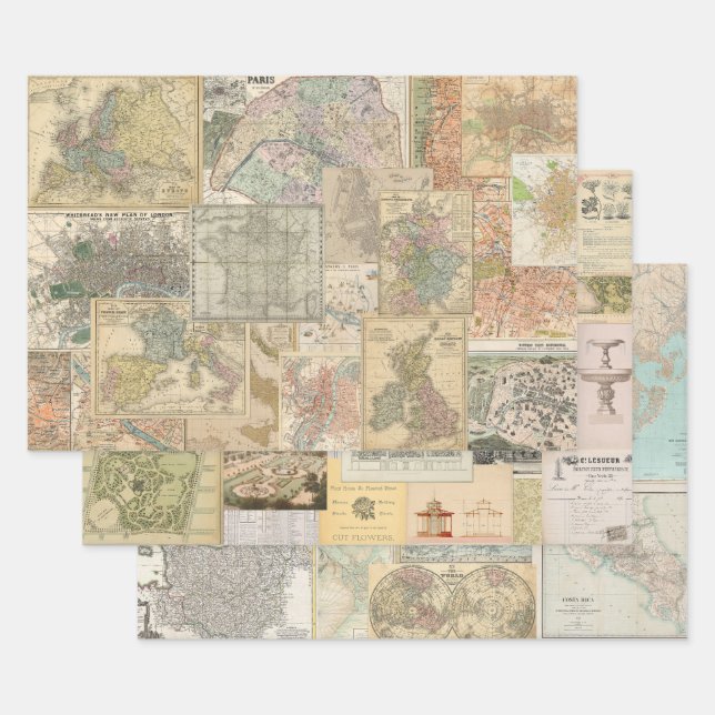 3 Map & Garden Document Collage Ephemera Sheets (Set)
