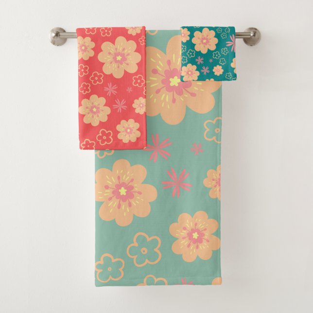 3 Mix Christmas Colours Floral Pattern Bath Towel Set (Insitu)