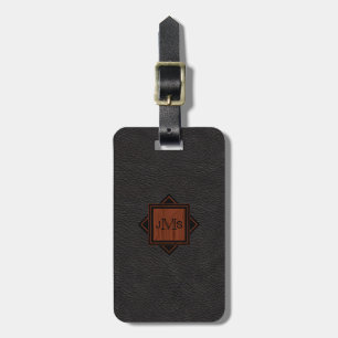 3 Modern Monogrammed Initials   Wood Black Leather Luggage Tag