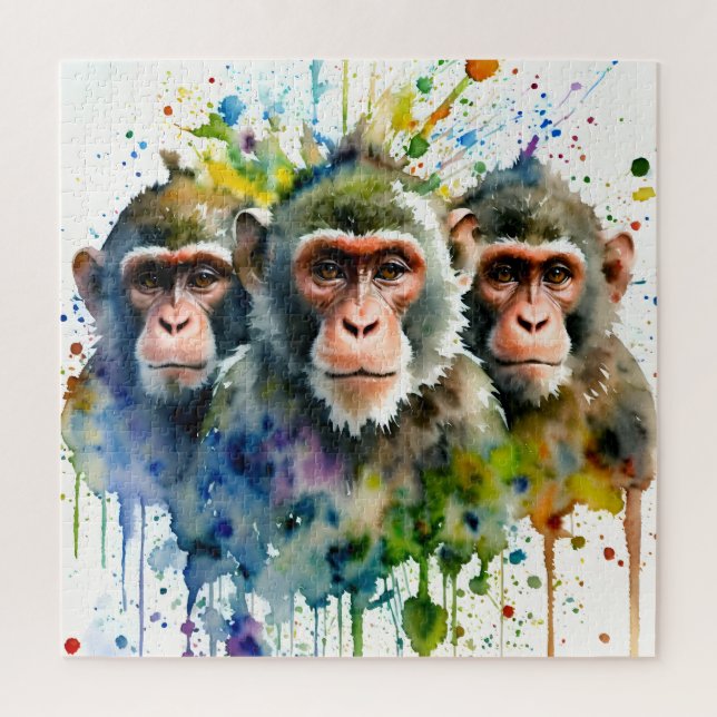 3 Monkeys Colourful Watercolor Art Jigsaw Puzzle (Vertical)
